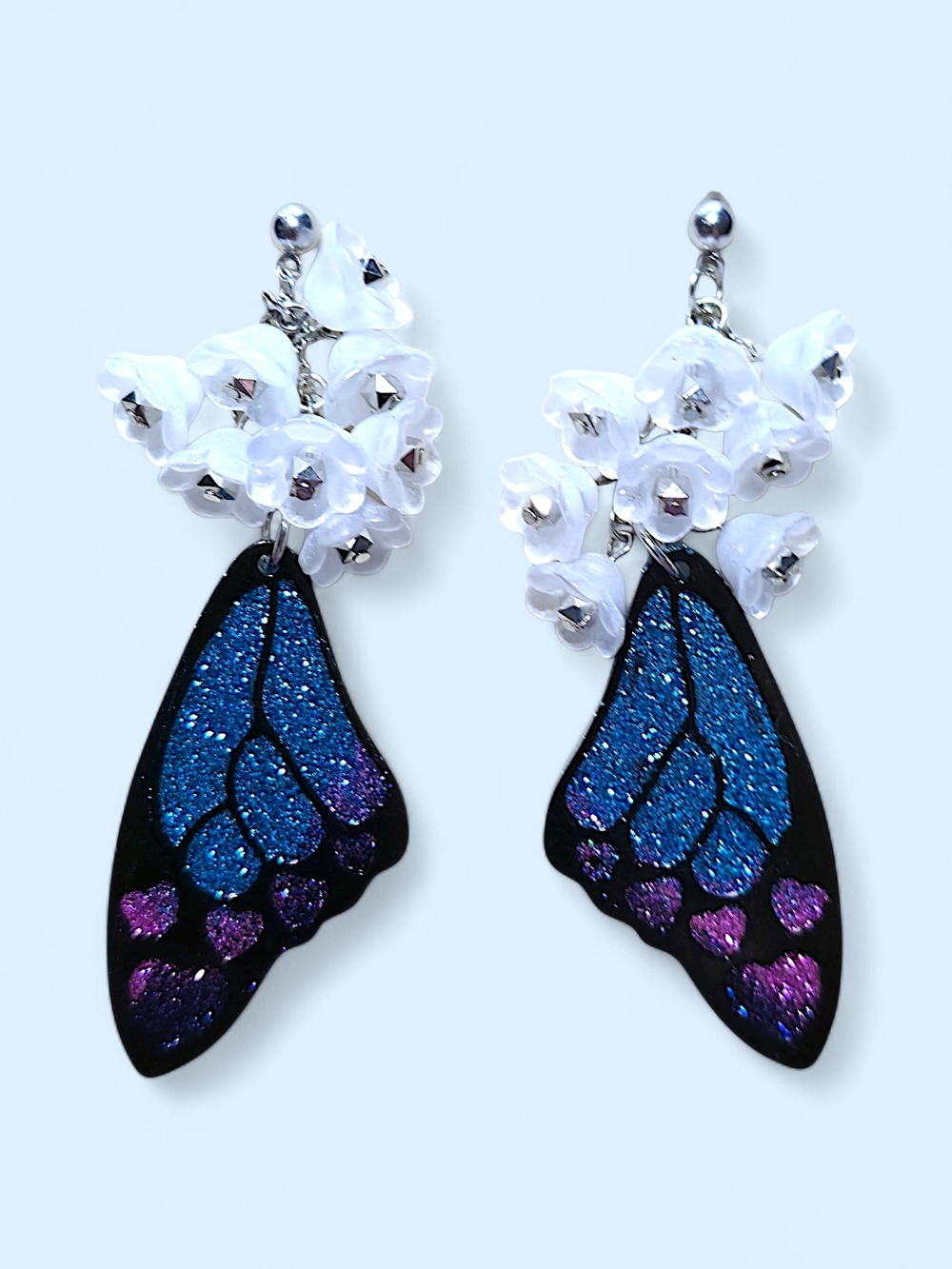 White Floral & Glitter Butterfly Wing Drop Earrings - Picture 3 of 3